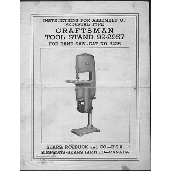 1950s Craftsman 99-2957 Pedestal Tool Stand for 2428 Band Saw Instructions REPRINT