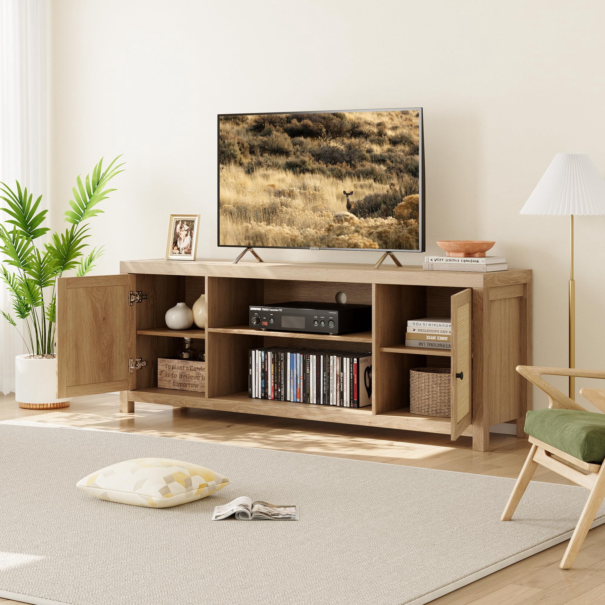 TROPOW Tv Stands for Living Room,Boho TV Stand for 65 Inch TV, Rattan Entertainment Center with Storage, Wood TV & Media Console Under TV Cabinet for Living Room Bedroom, Natural Oak - 57inch