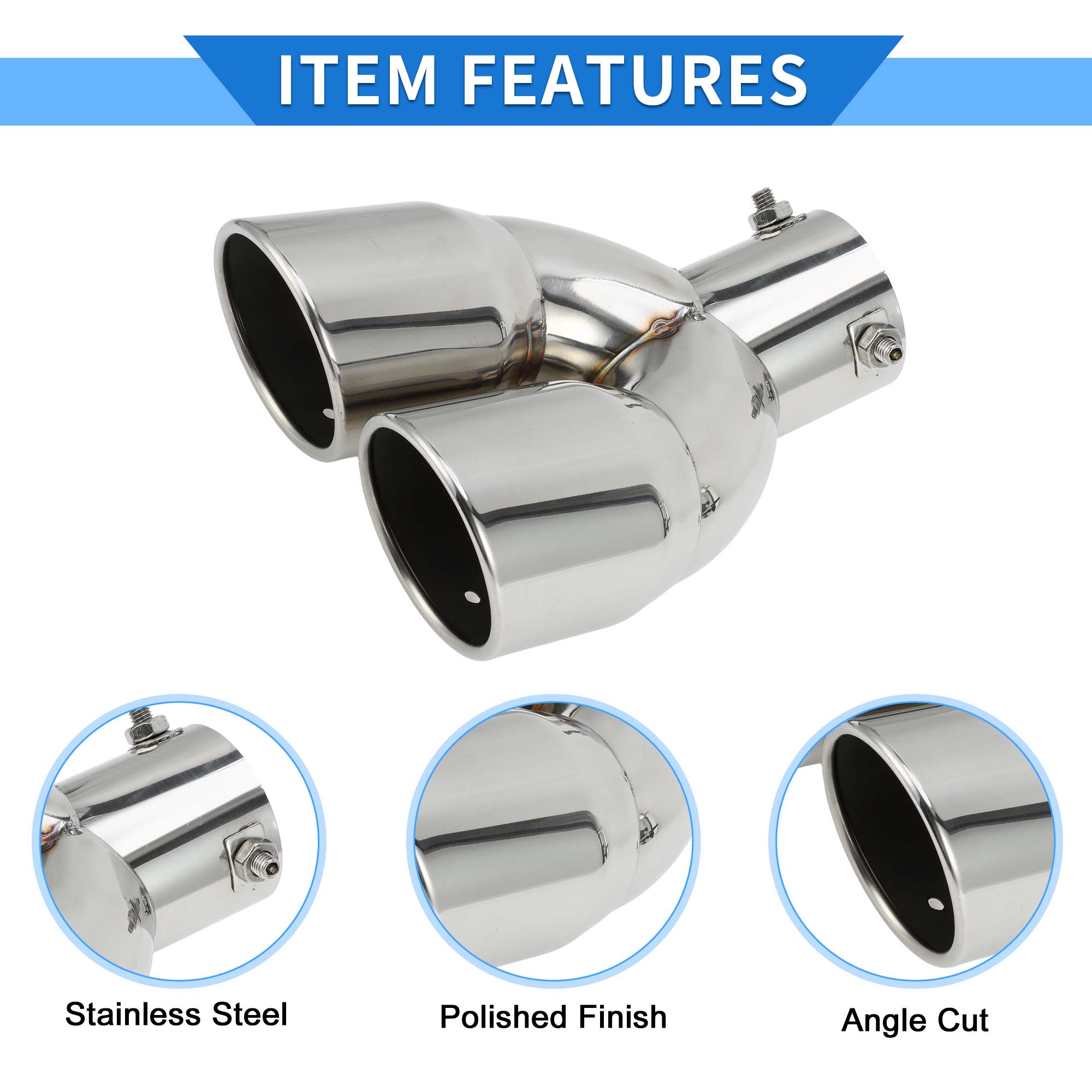 Unique Bargains 1 Pc Curved Slant Cut Dual Exhaust Tip 2.4" Inlet Stainless Steel Silver Tone