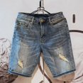 thumbnail image 2 of Pantalones cortos de mezclilla para hombre, bermudas originales, pantalones vaqueros cortos largos para hombre, pantalones azules rotos a la mitad con botones, ropa de calle Harajuku en oferta, talla, 2 of 5