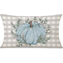 White and Grey Buffalo Check Plaids Fall Lumbar Pillow Covers 12 x 20 Inch Blue Pumpkin Eucalyptus Leaves Farmhouse Thanksgiving Decorative Cushion Case for Sofa Couch Living Room