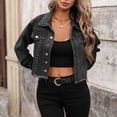thumbnail image 3 of Hvot&aat Women's Studded Denim Jacket Long Sleeve Button-Up Turndown Collar Denim Outwear Distressed Frayed Cropped Jean Coat, 3 of 6