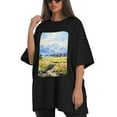 thumbnail image 4 of Plus Size Shirt for Women Black Tops for Women Short Sleeves Shirt for Women Watercolor Painting About Mountains And Fields T Shirt Crewneck Shirt for Women 4XL, 4 of 5