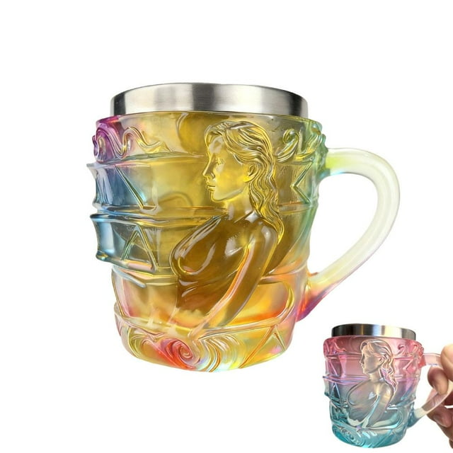 Tasse Espresso en Résine Iridescente avec Figurine Sculptée, Intérieur en Acier Inoxydable, Gobelet à Cocktail Isolé à Double Paroi, Petite Capacité de 150 ml, Cadeau Unique de Vaisselle pour Boissons