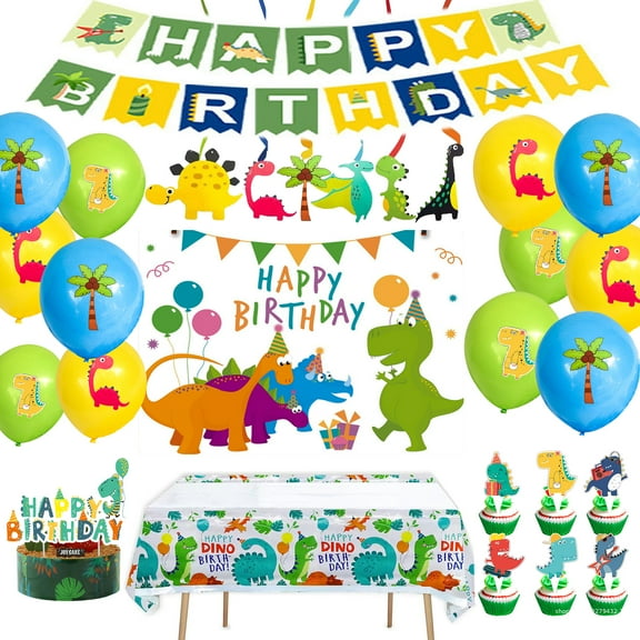 Dinosaur Themed Birthday Party Decorations, Kids Dinosaur Party Packs with Banners,Dinosaur Balloons,Dinosaur Cake Cupcake Toppers, Dinosaur Tablecloth Dinosaur Background Party Supplies