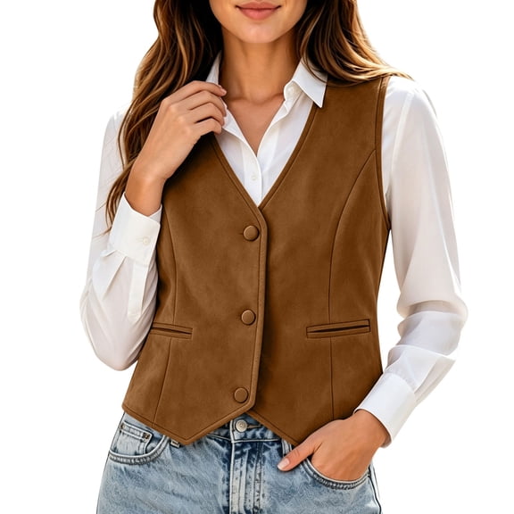 HomeDM Women's Faux Suede Vest V Neck Button Down Waistcoat with Pockets Sleeveless Jacket
