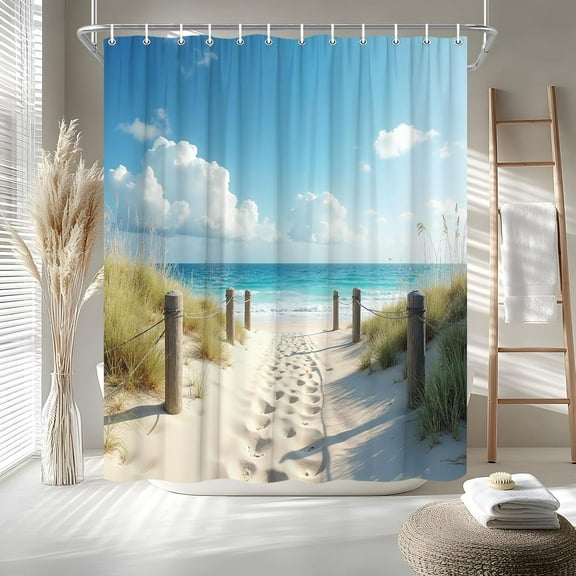 Ocean Beach Shower Curtain Summer Coastal Hawaiian Scenic Blue Sky Seaside Cool Sea Landscape Sand Bath Curtain Fabric Bathroom Accessories Decor with Hooks 72"W x 72"L