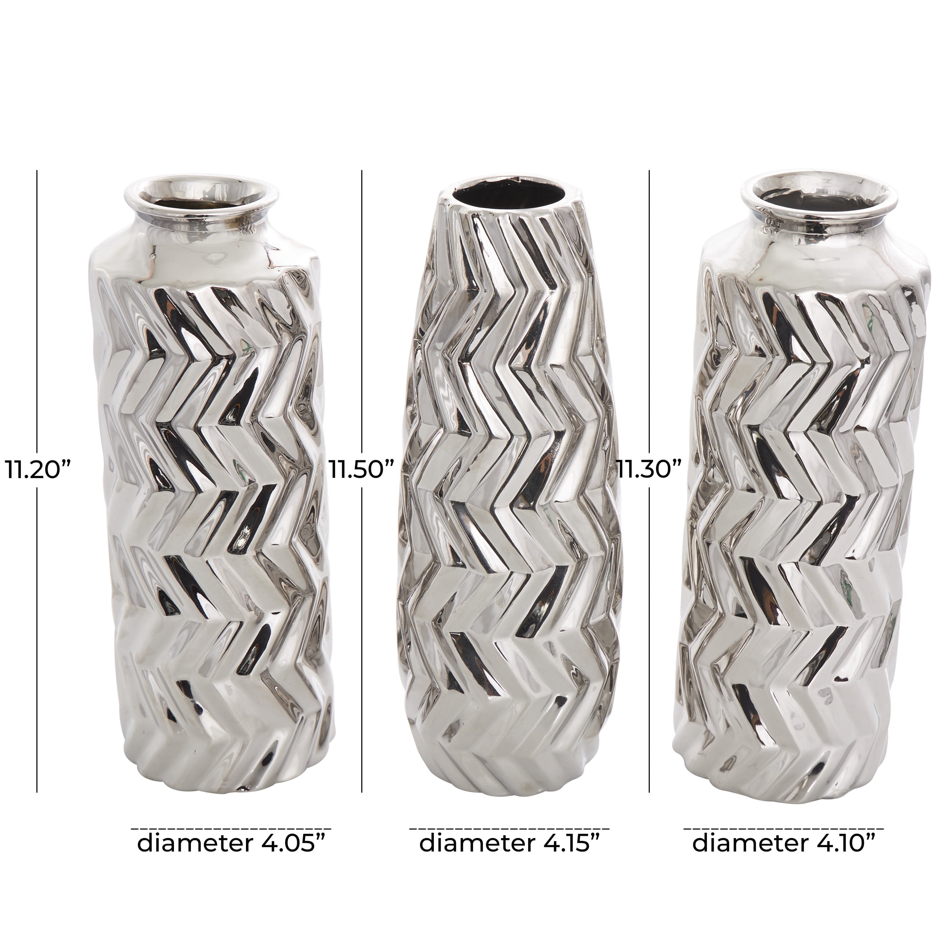 DecMode 4"W, 11"H Dimensional Chevron Textured Silver Ceramic Vase with Varying Shapes, Set of 3