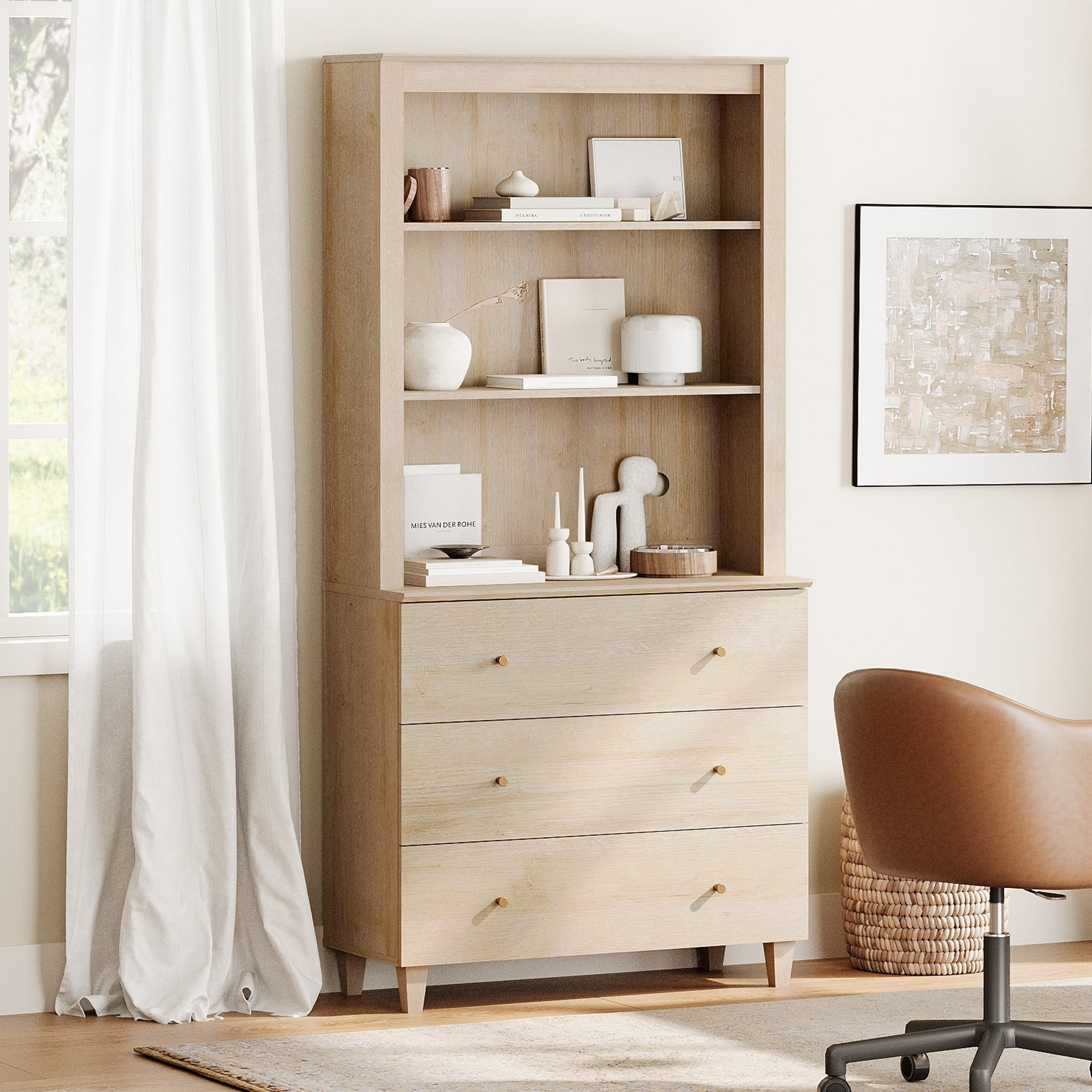 WAMPAT Modern 71 Inches Tall Bookcase with 3 Drawers, 3-Tier,Light Oak