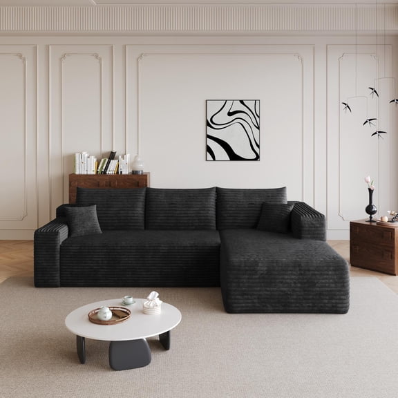 3-Seater Modular Sectional Sofa with Reversible Chaise, Black Corduroy Fabric Couch, No Assembly Required for Living Room