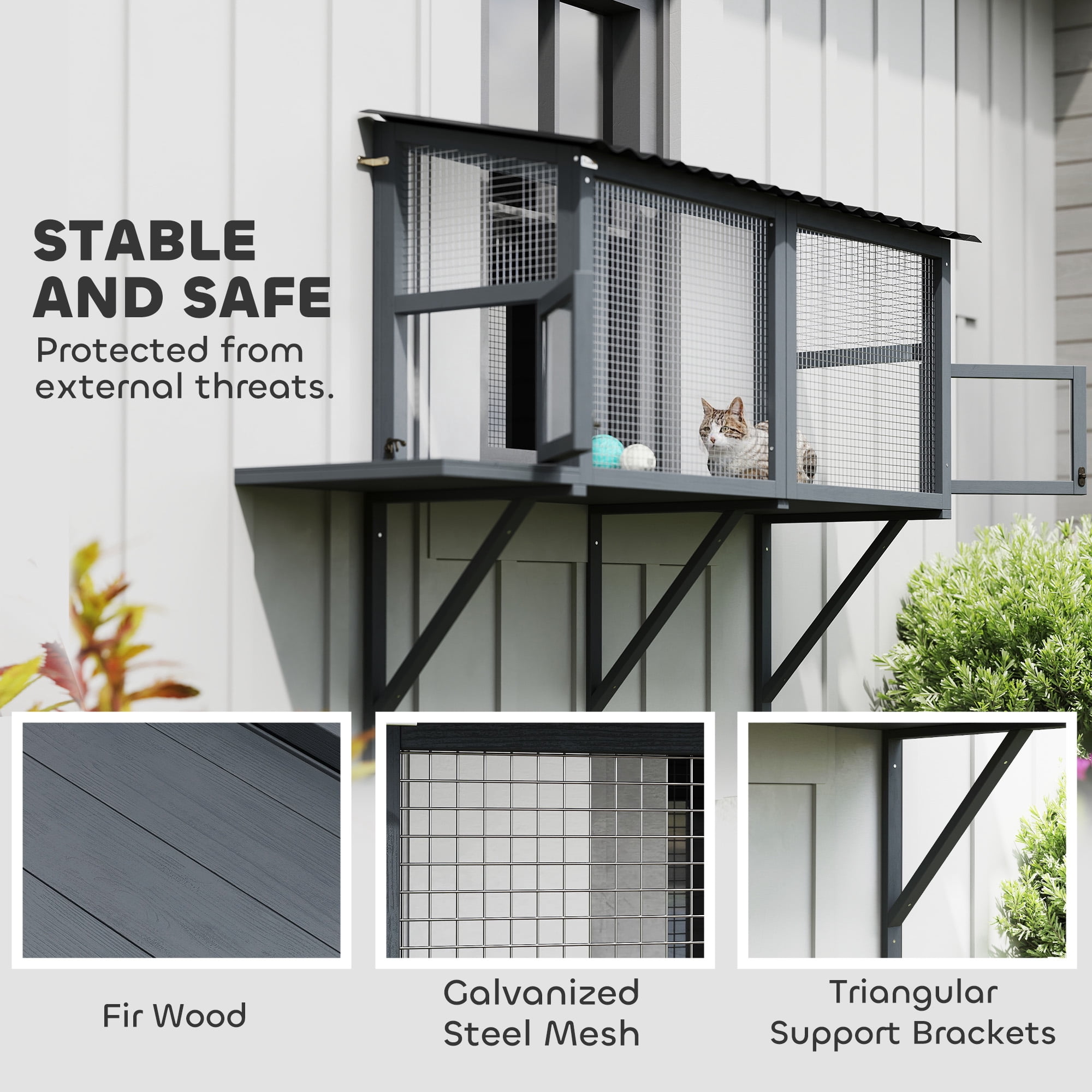 PawHut Outdoor Cat Catio, Wooden Cat Enclosure Window Perch with Jumping Platform, for Safely Enjoying Outdoor Sights, Playing, Sunbathing, Napping
