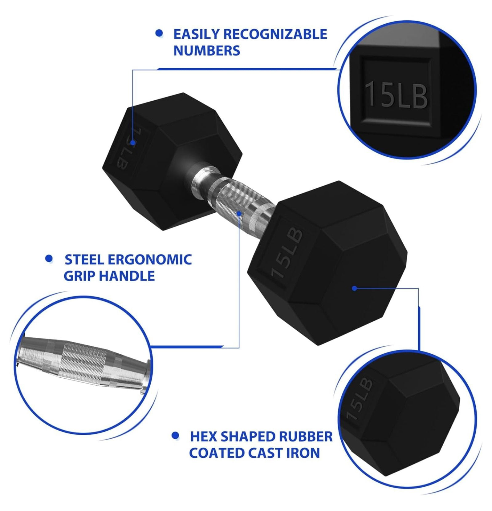 Rubber Encased Hex Dumbbells with Optional Rack, 10 15 20LB Pairs and 5, 10 and 15 Pairs Weight Sets for Home Gym