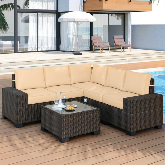 6 Pieces Outdoor Sectional Furniture, Brown PE Rattan Patio Furniture Sectional with 4 Inch Cushions & Tempered Glass Table for Garden, Poolside, Backyard