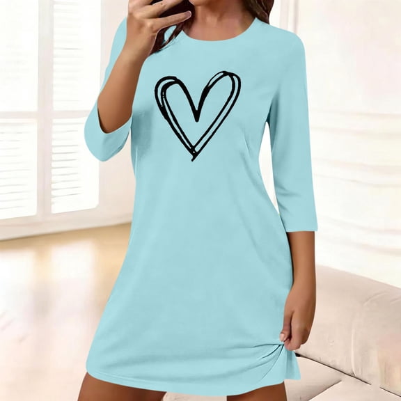 Caywon Women's Heart Print on Chest 3/4 Sleeve Crew Neck Loose Short Sleep Dress Soft Casual Lightweight Nightgown Homewear for Ladies Home Daily Wear