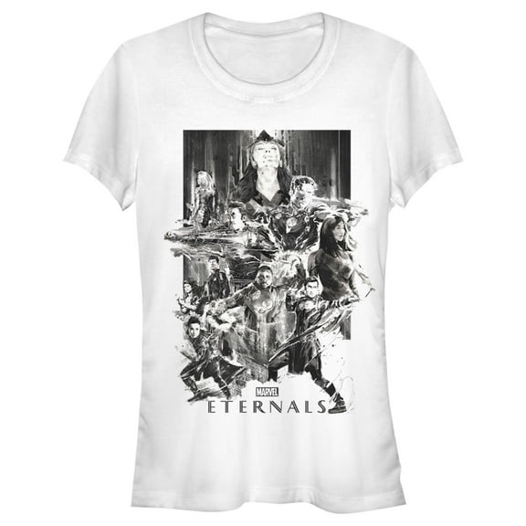 Junior's Marvel Eternals Greyscale Poster Graphic Tee White X Large