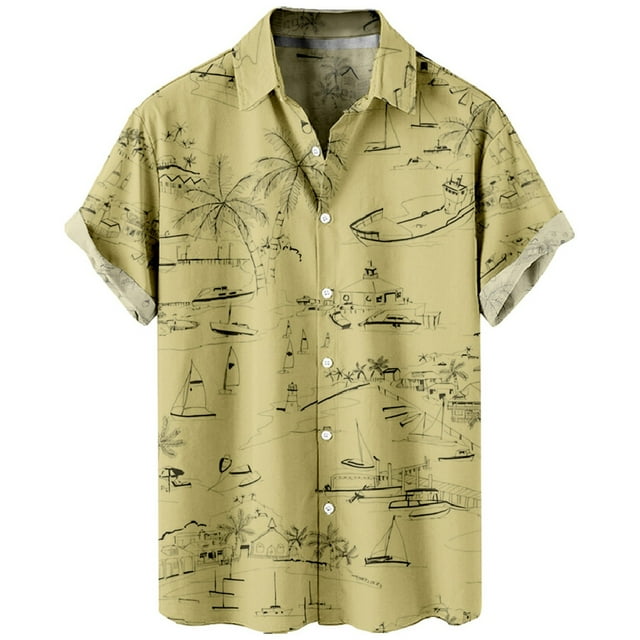 toraway Vêtements d'Automne T-Shirts pour Hommes Décontractés Élégants Automne Col Rond Cocotier Lueur Nocturne Manches Courtes Imprimé Extérieur Rue Bouton Imprimé Haut Mode Décontracté TG