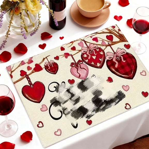 Gumesh Set of 4 Valentine’s Day Placemats, Linen-Look with Heart & Letter Print, Heat-Resistant and Easy Wipe for Holiday Dining & Party Decor