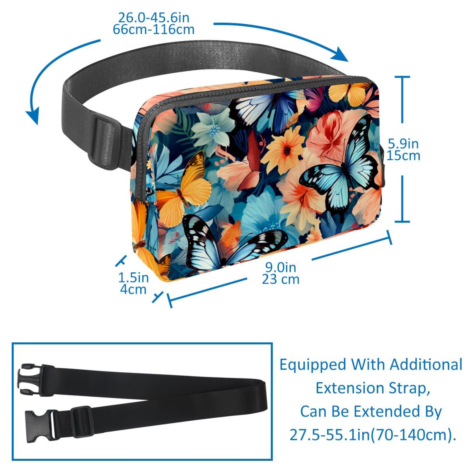 Butterfly Adjustable Lightweight Fanny Pack with Extension Strap - Unisex Belt Bag and Crossbody Bag