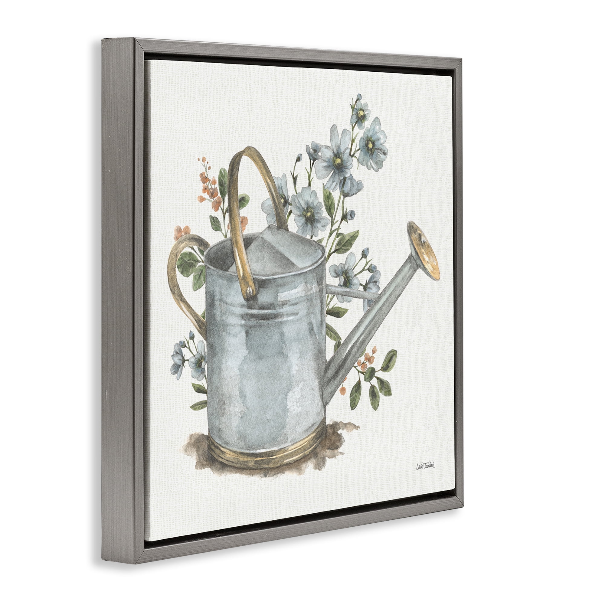 Stupell Industries Garden Watering Can Botanical & Floral Painting Gray Floater Framed Canvas Art Print Wall Art, 18 x 18
