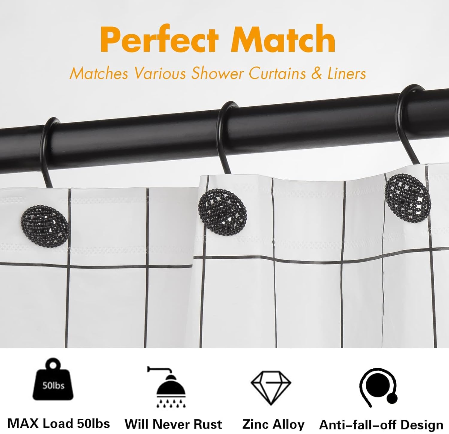 MKEUDQ-Black Shower Curtain Hooks Rings, Rust-Resistant Metal Glide Shower Hooks for Bathroom Shower Rods, Bathroom Accessories Set of 12 Hooks - Matte Black