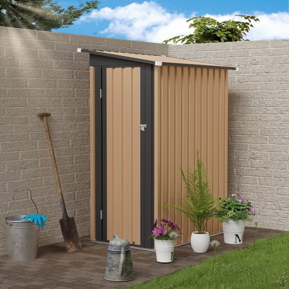 4.27 FT x2.42 FT Outdoor Storage Shed with Singe Lockable Door, Galvanized Metal Shed for The Garden, Tiny House Storage Sheds Outdoor for Backyard Patio Lawn-Brown