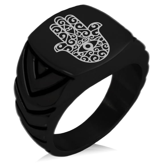 Stainless Steel Filigree Hamsa Hand of Fatima Chevron Pattern Biker Style Polished Ring