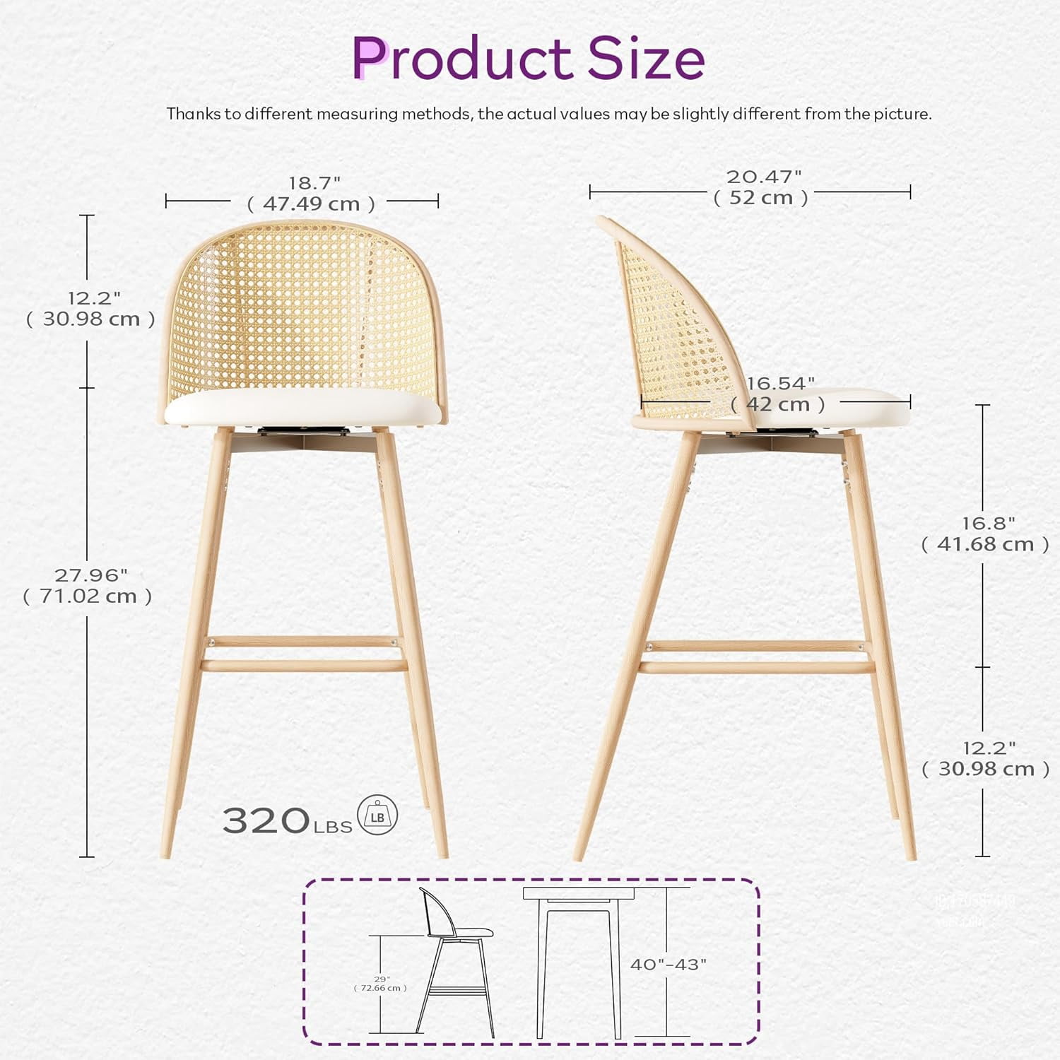 LAZZO 29“ Swivel Bar Stools Set of 2, Boho Rattan Counter Height Bar Chairs for Kitchen Island, White