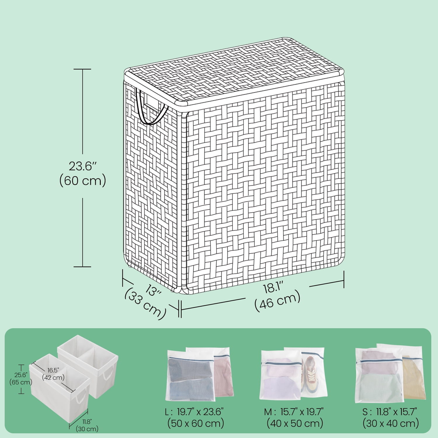 LEDREM Double Compartment Laundry Hamper with Lid - 90L Capacity, 2 Removable Washable Liners, 6 Mesh Bags, Steel Frame & Wicker, Design for Bathroom Storage, Gray
