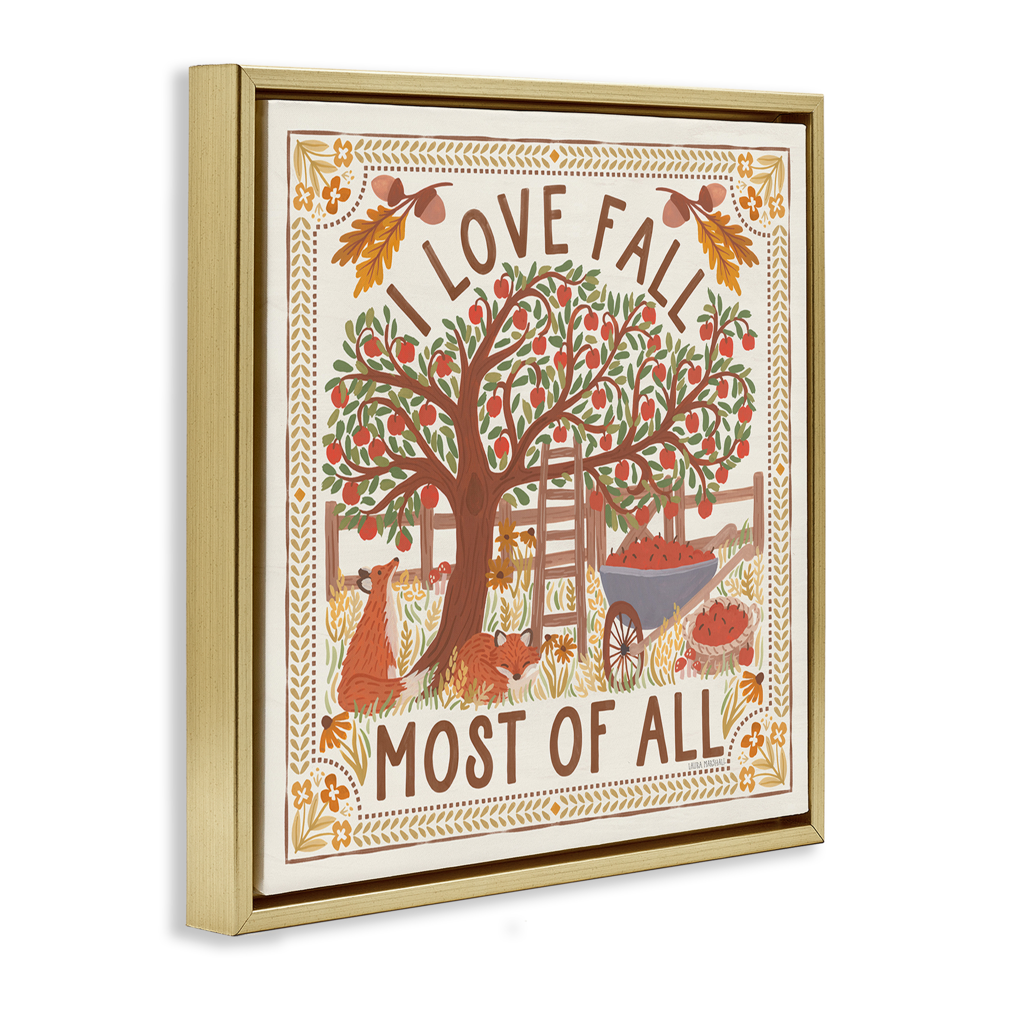 Stupell Industries Love Fall Scenery Landscape Painting Gold Floater Framed Art Print Wall Art, 25 x 25