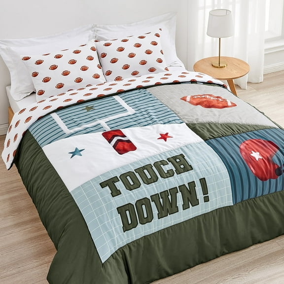 Sweet Jojo Designs Football Green Brown and Red Full/Queen Bed Comforter 3 Piece Bedding Set - 3 Piece