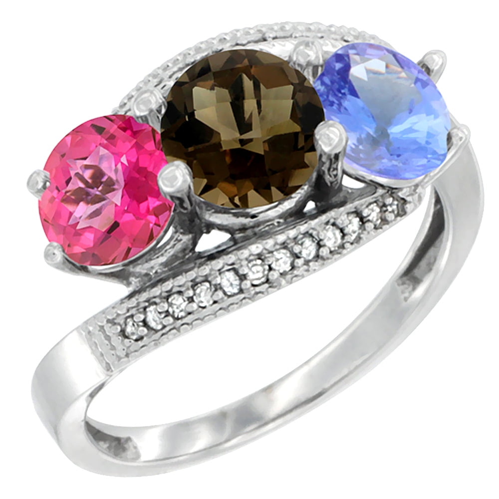 14K White Gold Natural Pink Topaz, Smoky Topaz & Tanzanite 3 stone Ring Round 6mm Diamond Accent, size 5 by Gabriella Gold