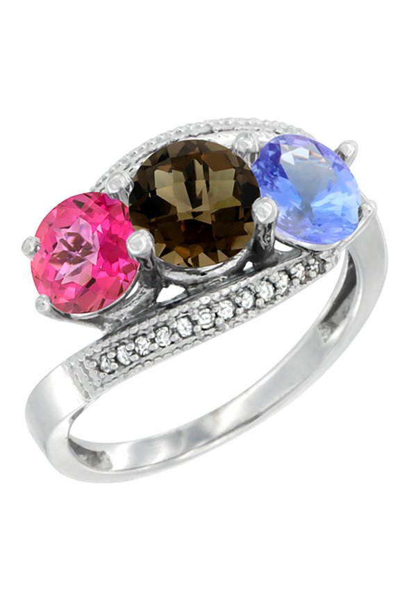 14K White Gold Natural Pink Topaz, Smoky Topaz & Tanzanite 3 stone Ring Round 6mm Diamond Accent, size 9