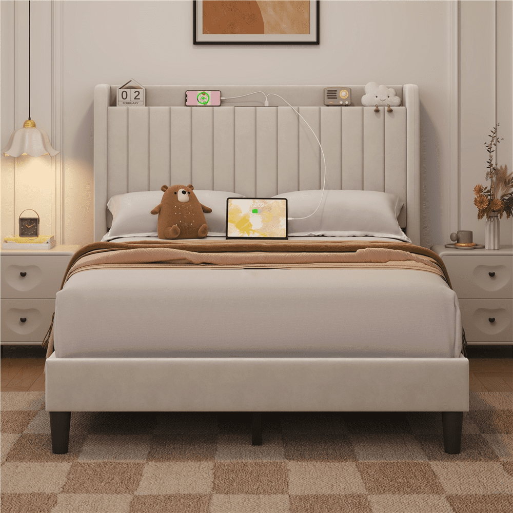 Renwick Velvet Bed Frame with Charging Outlets and USB Ports and Storage Headboard, Adult, Full, Beige