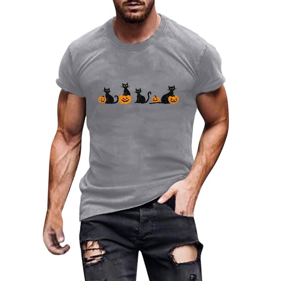 Gamivast Men's Cute Spooky Cat Pumpkin T-Shirt Halloween Graphic Print Short Sleeve Crewneck Tee Casual Fall Festival Top Novelty Holiday Shirt Flattering Fit Wear Gray XXXL