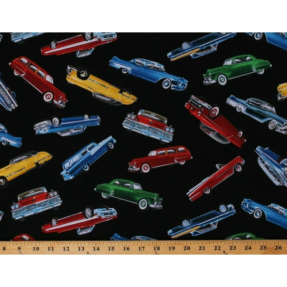 Cotton Classic Cars Antique VIntage Vehicles Automobiles on Black Cotton Fabric Print by the Yard (CAR-C7983-BLACK)