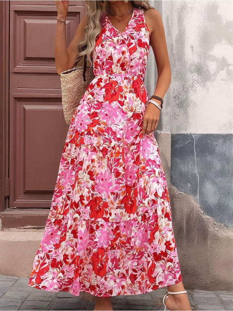 Women'S Summer Dresses Casual Sleeveless Maxi Dresses Cute Floral Long Dress Wedding Guest Dress Red Flower M