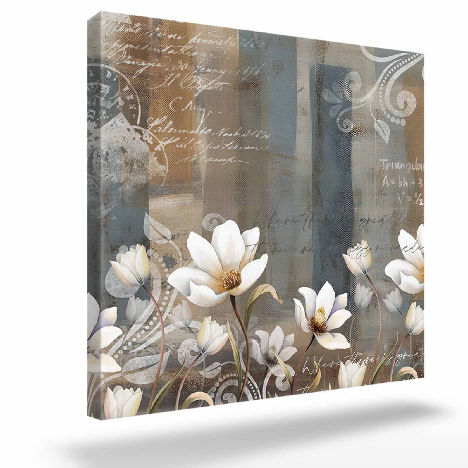 Abstract Retro Flowers Framed Canvas Wall Art, Art White Floral Blue Brown Mottled Wall Art Painting for Living Room Bedroom Home Decor, 16”x16”, Office Artwork Print