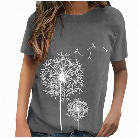 Paguaki Women Summer T Shirts Dandelion Print Graphic Tees Floral Printed O-Neck Casual Summer Tunic Tops