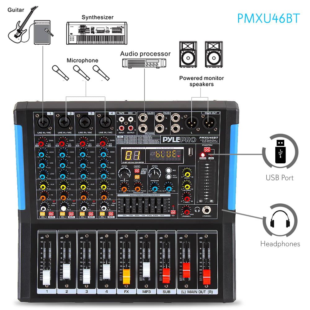 Pyle PMXU46BT 4 Channel Bluetooth Sound Board Mixer System for DJ Studio Audio