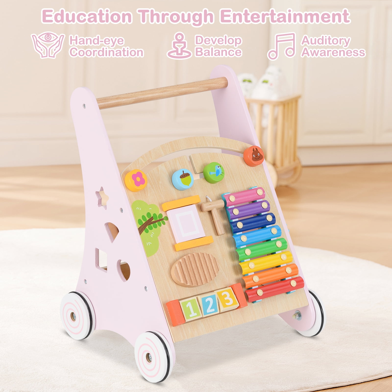 INFANS Wooden Baby Walker, Montessori Walker with Multiple Activity Toys, Storage, Push Walker Toys for Infant Learning to Walk, Sit to Stand Walker for Boys Girls Aged 1+ Years