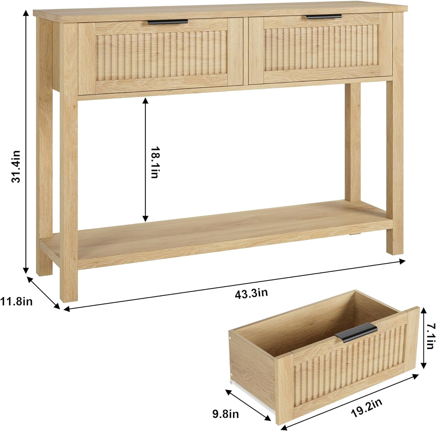 Farmhouse Entryway Table,43 Inch Wood Console Table with 2 Drawers,2 Tier Sofa Table with Storage for Living Room, Foyer Tables for Entryway-Burlywood