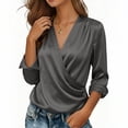 thumbnail image 5 of FDGIU Women's Satin Wrap V Neck Blouse, Long Cuff Sleeve Ruched Waist Solid Dressy Tops for Office Business Casual Daily Evening Outfits, 5 of 7