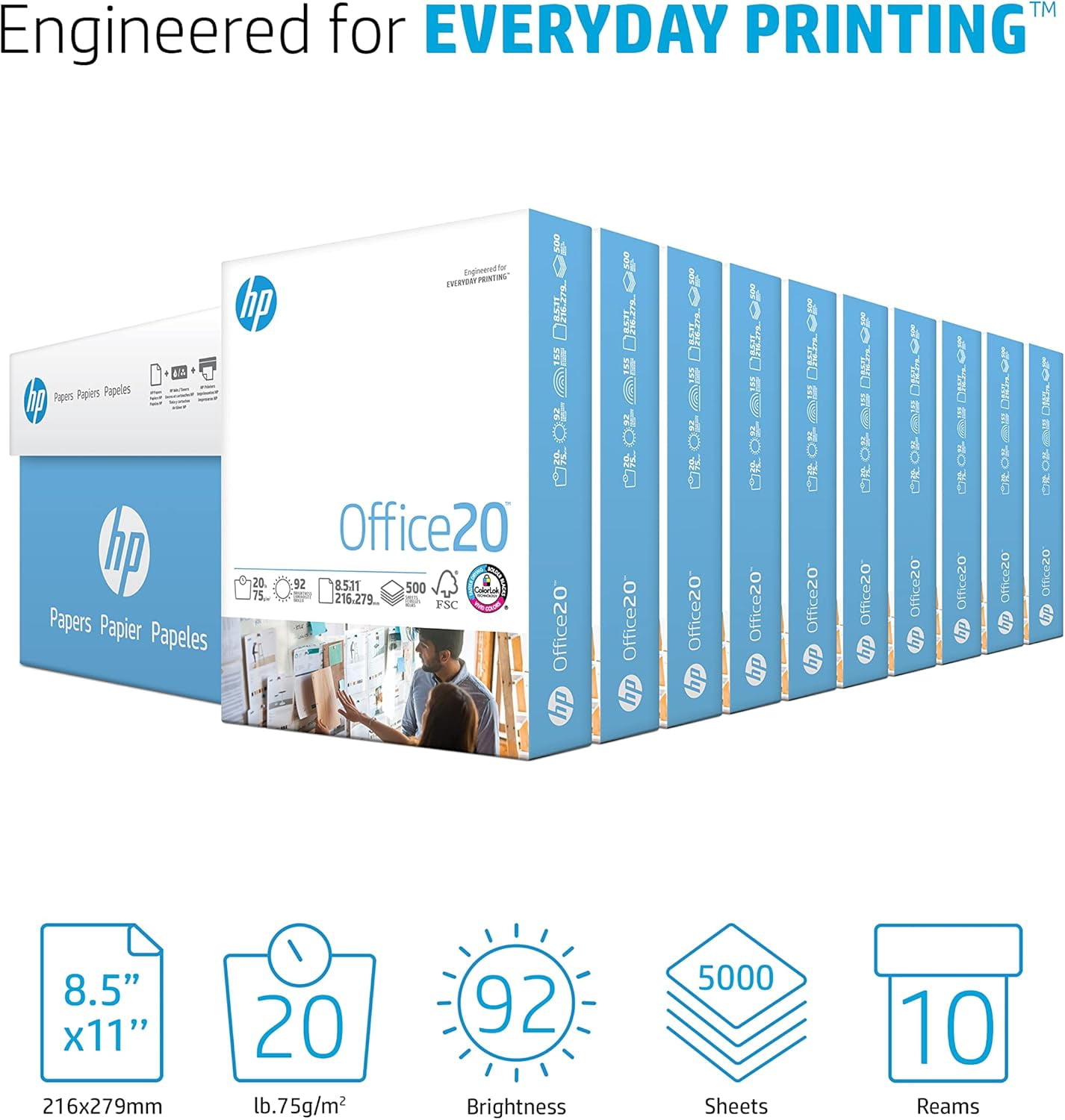 20 lb Printer Paper 8.5 x 11, 10 Reams 5000 Sheets Office Copy Paper, 92 Bright Acid Free, FSC CertifiedMade for Copier, White
