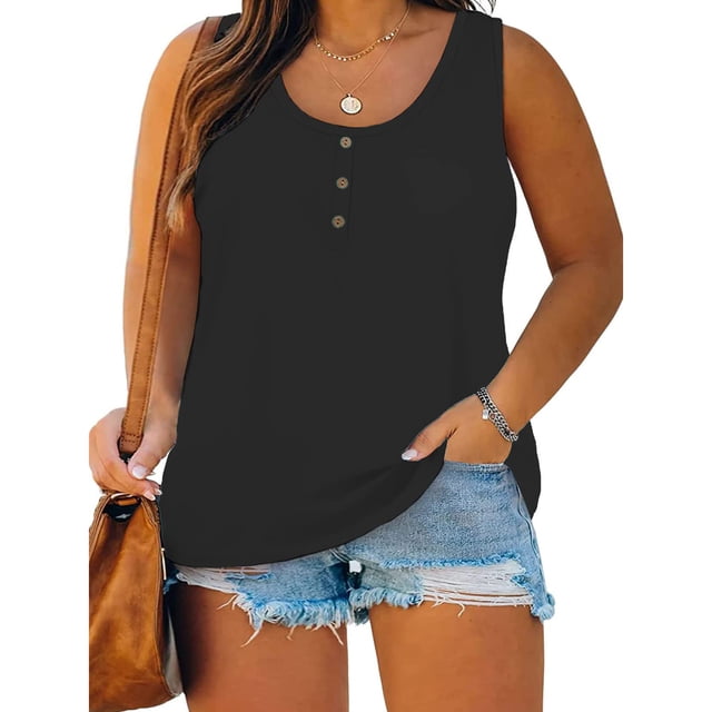 Jsaierl Womens Plus Size Tops Summer Solid Color Sleeveless Tops Flowy Round Neck Buttons up Tunics Casual Loose Simple T-Shirts