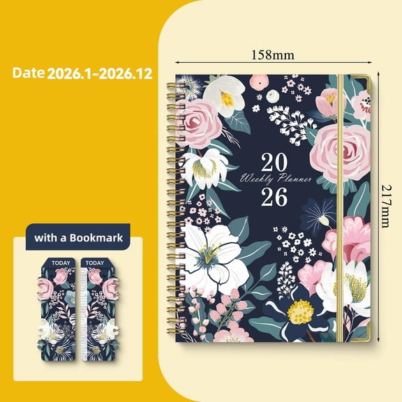 2026 English Planner A5 Spiral-Bound Notebook with Bookmark Journal & Planner Work & Fitness Schedule Notebook Fresh Floral Design