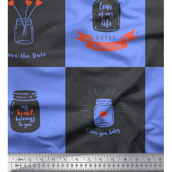 Soimoi Blue Moss Georgette Fabric Jar & My Heart Belong To You Text Print Sewing Fabric Yard 42 Inch Wide