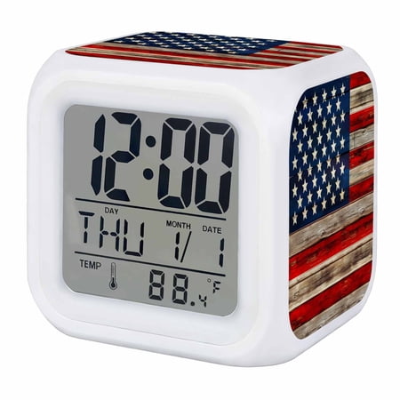 Vintage American Flag Digital Alarm Clock for Bedrooms, Smart LED Alarm Clock with 7 Color Changing Night Light, Blue Star Red Striped Wooden Silent Wake Up Clocks for Sleep Study Cooking 3.2x3.2