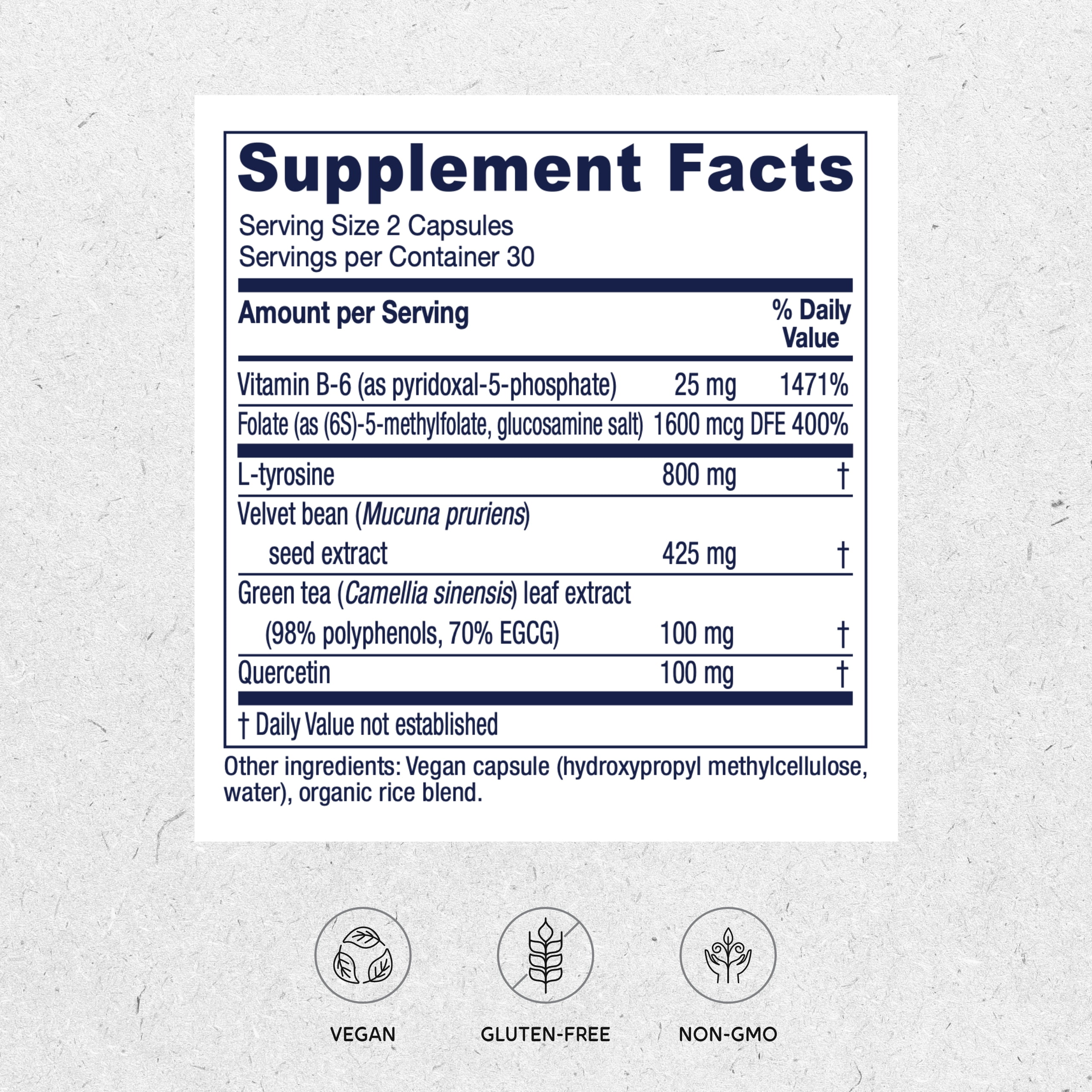 Vitanica Dopamine Assist, Dr Formulated Dopamine Supplement, L-Tyrosine, Mucuna Pruriens Neurotransmitter Mood Support, Vitamin B6, Folate, Green Tea Extract Quercetin Vegan, 60 Capsules