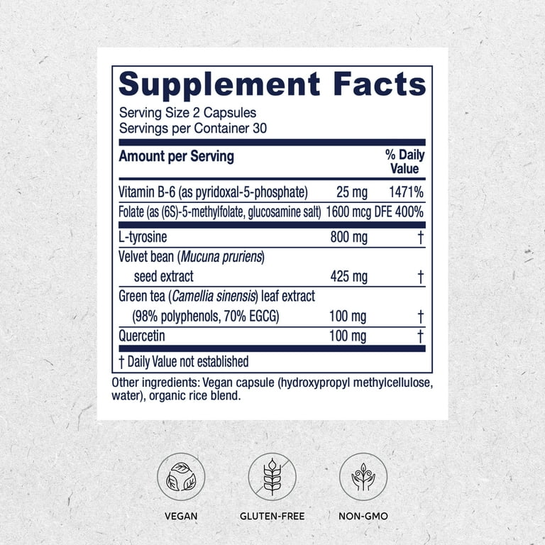 Vitanica Dopamine Assist, Dr Formulated Dopamine Supplement, L-Tyrosine,  Mucuna Pruriens Neurotransmitter Mood Support, Vitamin B6, Folate, Green  Tea Extract Quercetin Vegan, 60 Capsules - Walmart.com