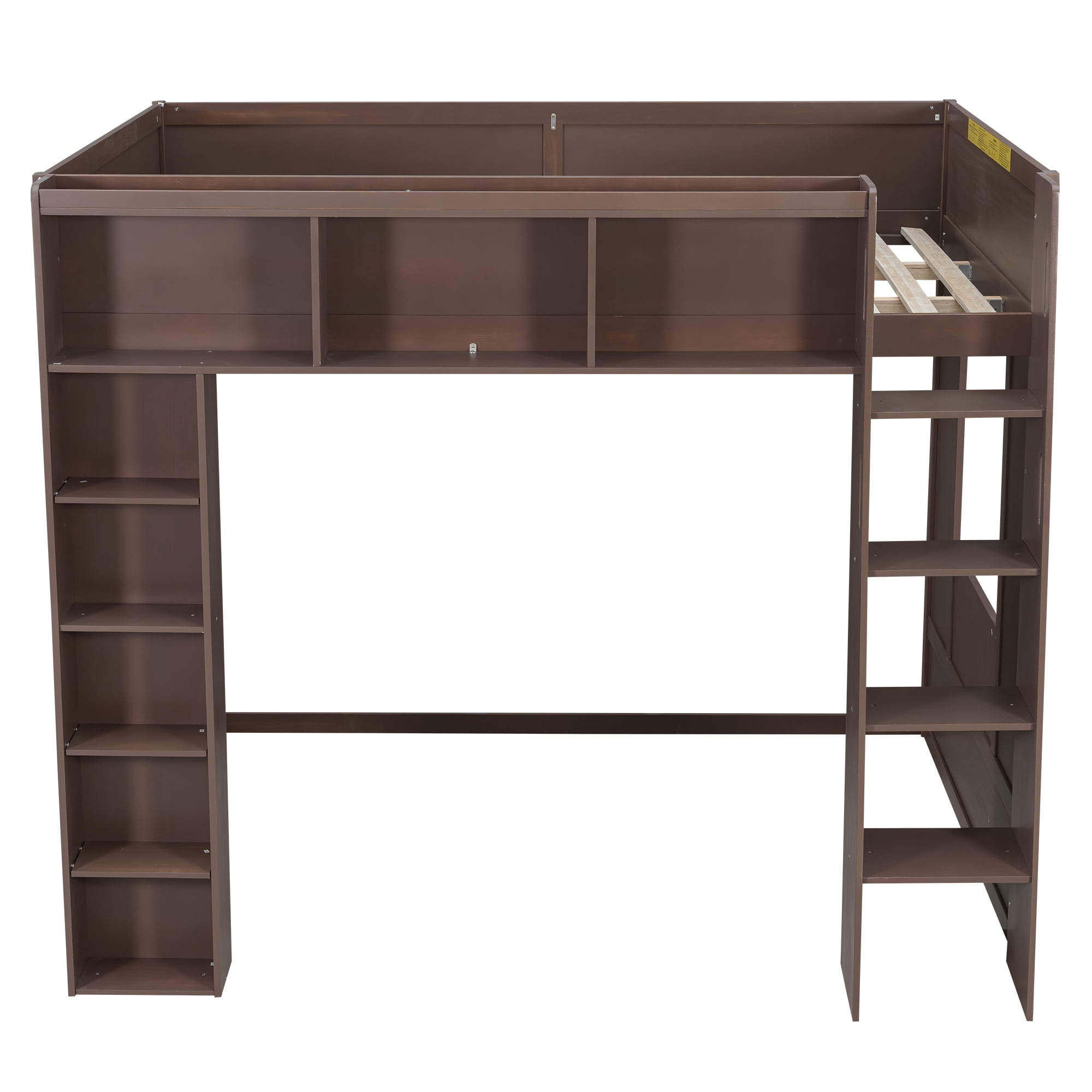 Euroco Wood Queen Size Loft Bed with Storage Cabinets and Shelves, Brown
